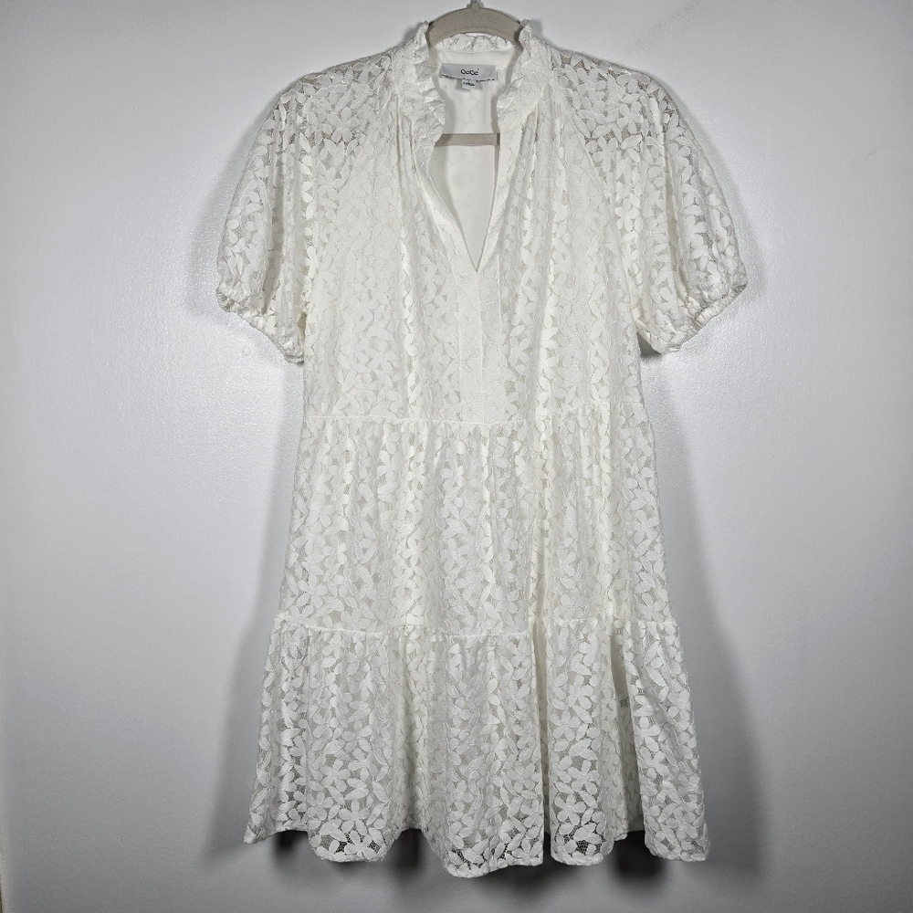 CeCe White Floral Lace Tiered Babydoll V-Neck Puff Sleeve Dress Size Small
